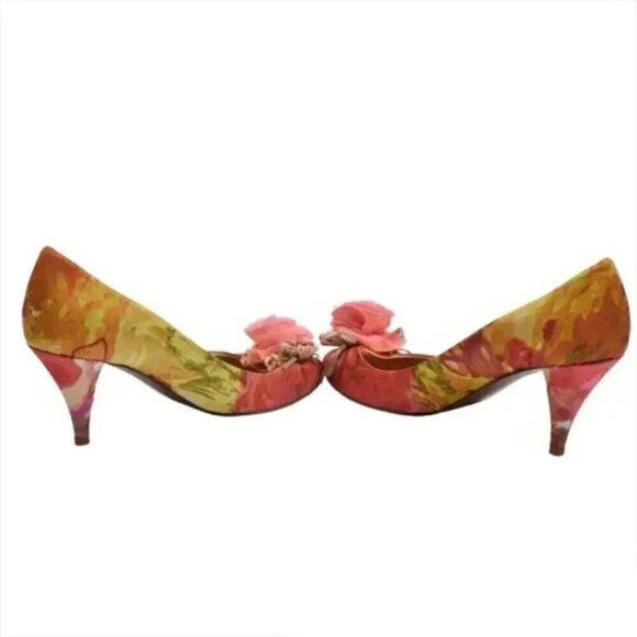 J. Crew Raffia Rose Printed Peep Toe Heels Golden Beach Size 7 - Picture 3 of 11